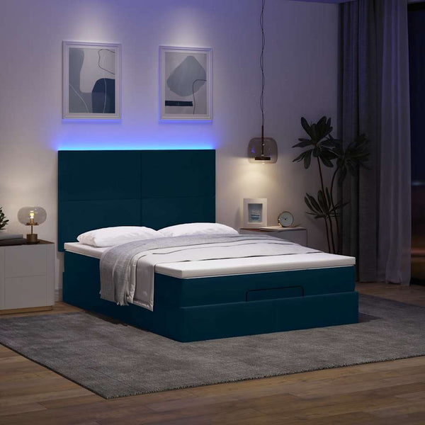 vidaXL Ottoman Bed with Mattresses & LEDs Dark Blue 140x200 cm Velvet