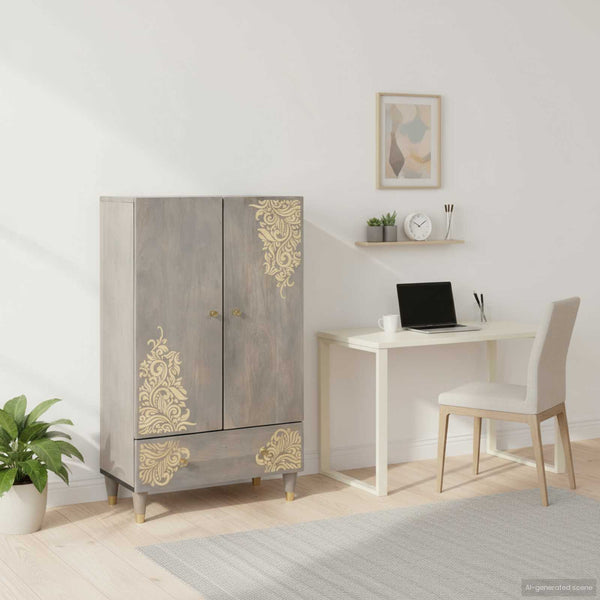 Highboard Grau/Gold Mango Massivholz 60x100 cm