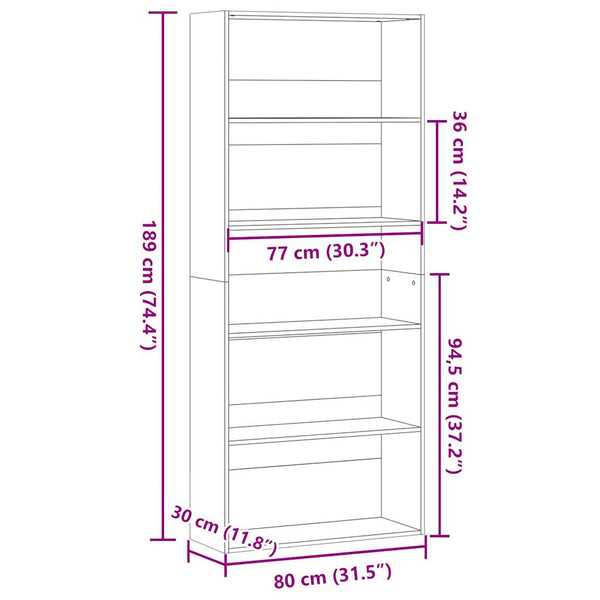 vidaXL Bookcase Concrete Grey 80x30x189 cm Engineered Wood