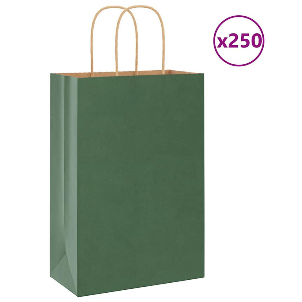 vidaXL Paper Carrier Bags 250 pcs. with Handles Green 21x11x31 cm