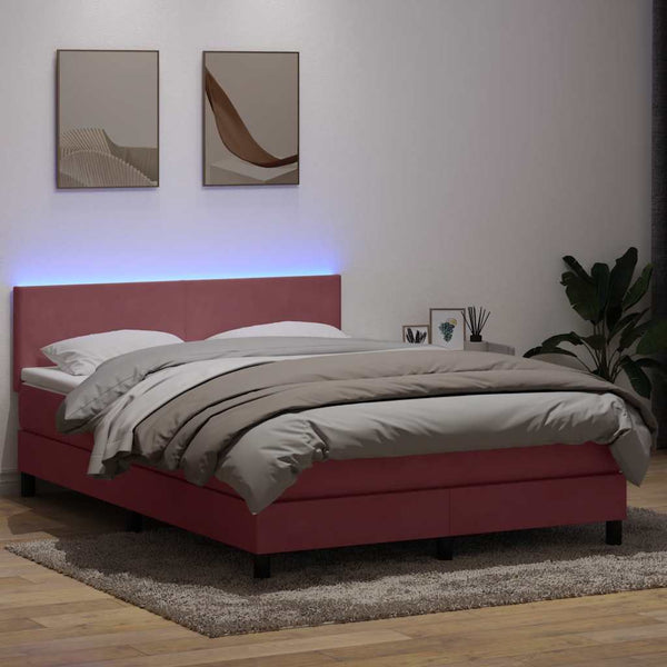 vidaXL Box spring bed with mattress & LED Pink 140x210 cm Velvet