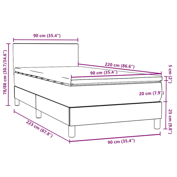 vidaXL Box Spring Bed with Mattress & LED Dark Grey 90x220 cm Velvet
