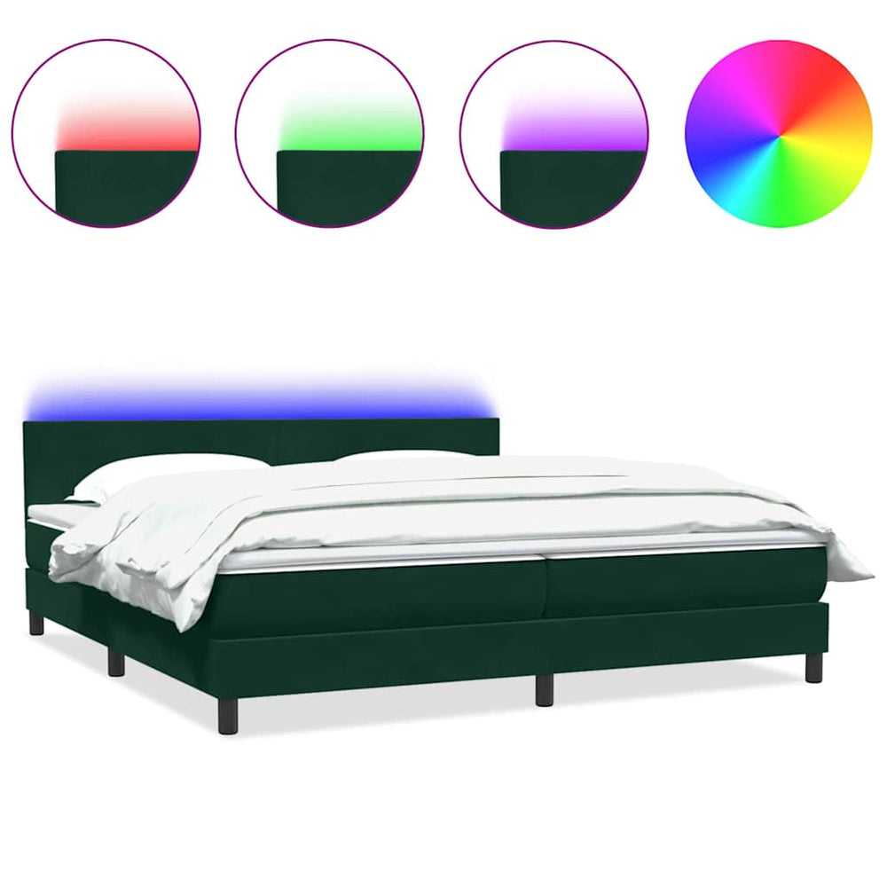 vidaXL Box Spring Bed with Mattress & LED Dark Green 200x220 cm Velvet