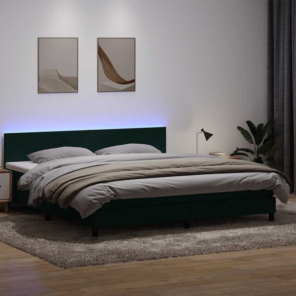 vidaXL Box Spring Bed with Mattress & LED Dark Green 200x220 cm Velvet