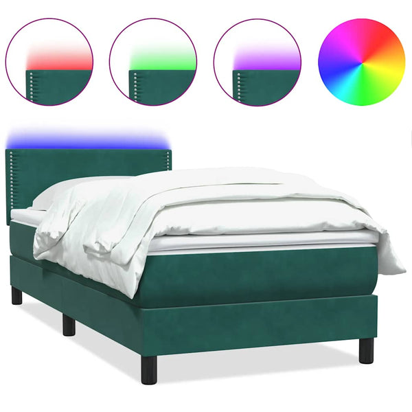vidaXL Box Spring Bed with Mattress & LED Dark Green 100x210 cm Velvet