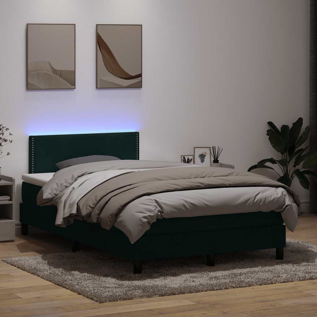 vidaXL Box Spring Bed with Mattress & LED Dark Green 120x210 cm Velvet