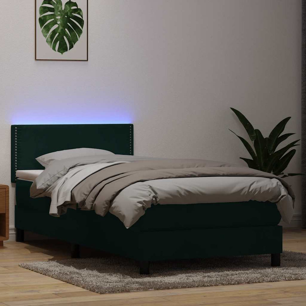 vidaXL Box Spring Bed with Mattress & LED Dark Green 100x220 cm Velvet