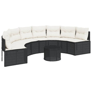Gartensofa Halbrund Schwarz Poly-Rattan mit Tisch