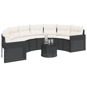 Gartensofa Halbrund Schwarz Poly-Rattan mit Tisch