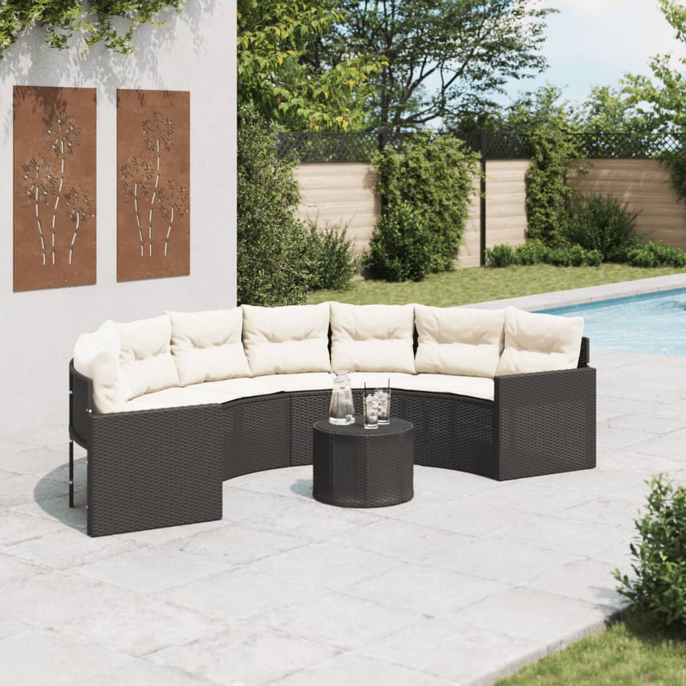 Gartensofa Halbrund Schwarz Poly-Rattan mit Tisch