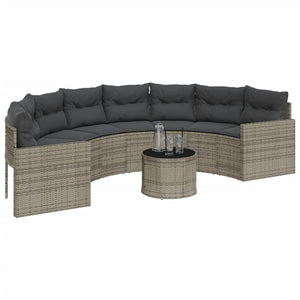 Gartensofa Halbrund Grau Poly Rattan mit Tisch
