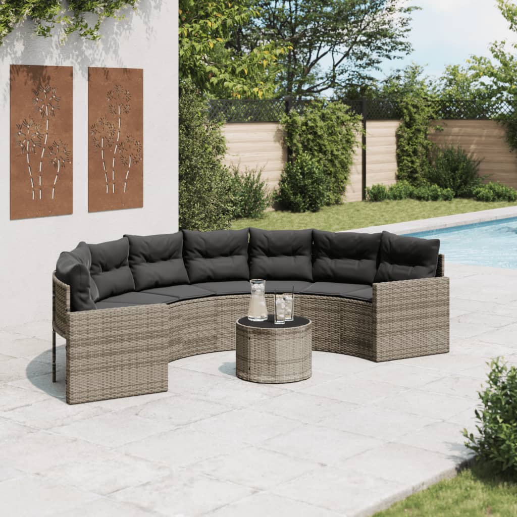 Gartensofa Halbrund Grau Poly Rattan mit Tisch