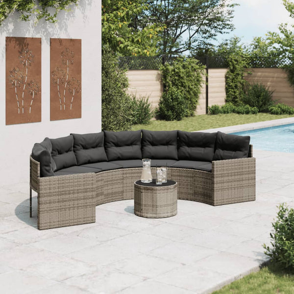 Gartensofa Halbrund Grau Poly Rattan mit Tisch