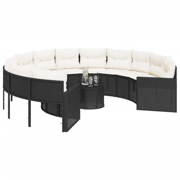 Rundes Gartensofa mit Tisch Schwarz Poly-Rattan
