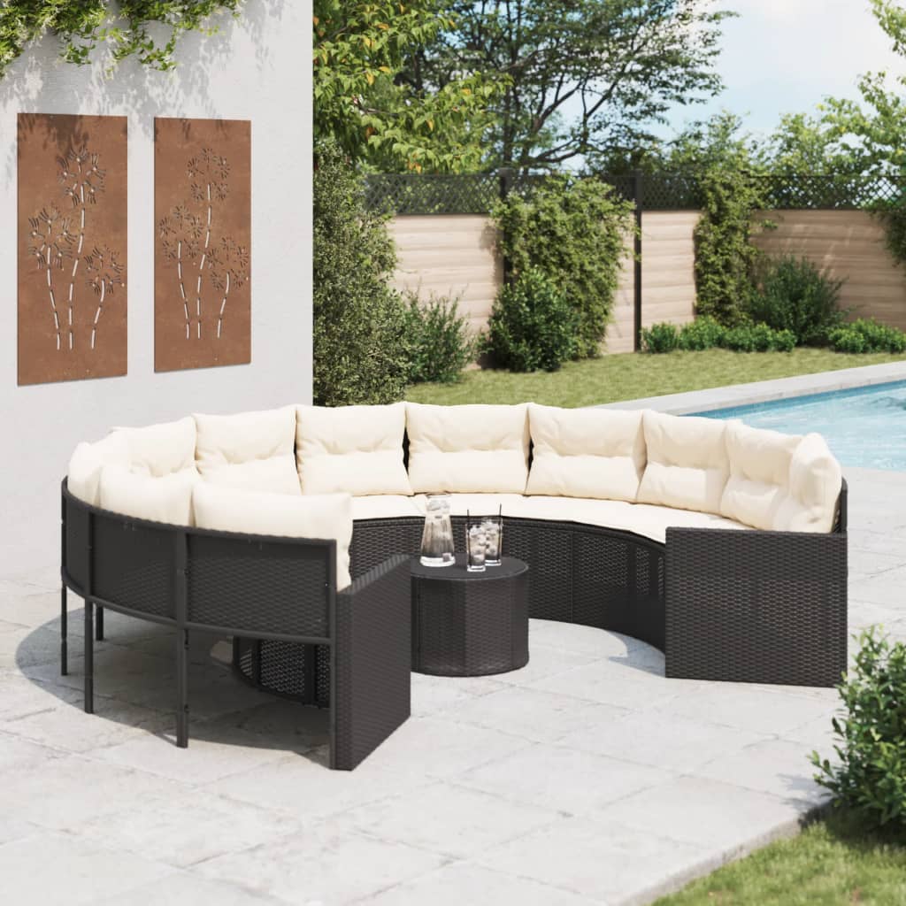 Rundes Gartensofa mit Tisch Schwarz Poly-Rattan