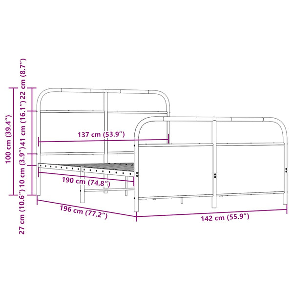 vidaXL Metal Bed Frame without Mattress Smoked Oak 137x190 cm