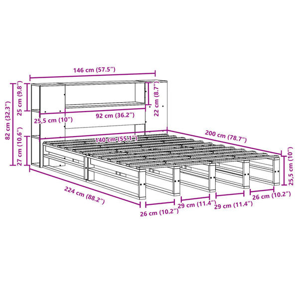 vidaXL Solid Wood Bed with Shelf without Mattress 140x200 cm