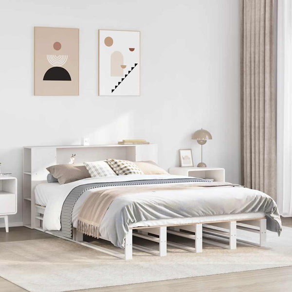 vidaXL Solid Wood Bed with Storage Headboard No Mattress White 150x200 cm