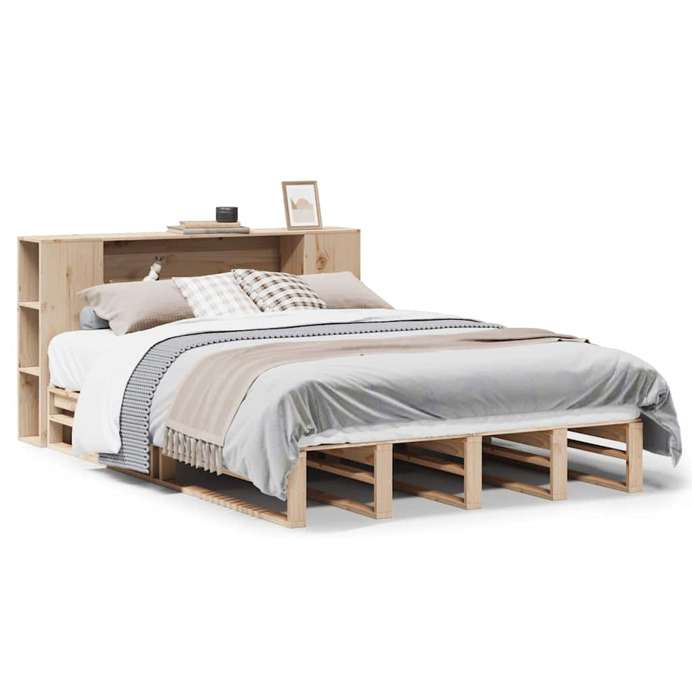 vidaXL Solid Wood Bed Frame with Headboard Storage, without Mattress, 135x190 cm, Solid Wood