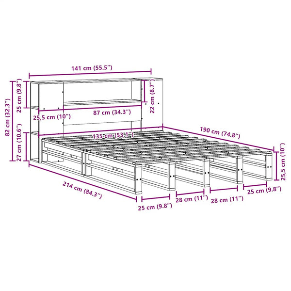 vidaXL Solid Wood Bed Frame with Headboard Storage, without Mattress, 135x190 cm, Solid Wood