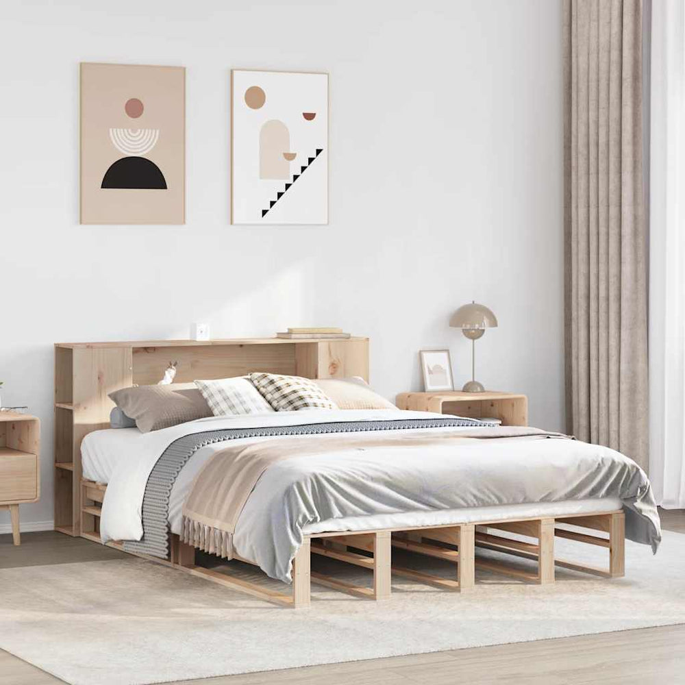 vidaXL Solid Wood Bed Frame with Headboard Storage, without Mattress, 135x190 cm, Solid Wood