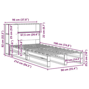 vidaXL Solid Wood Bed with Shelf without Mattress 90x190 cm