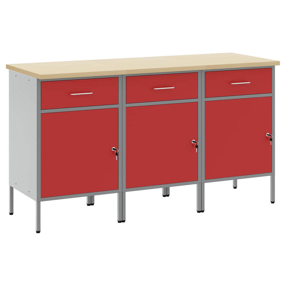 vidaXL Workbench with Drawers 3 pcs Red and Gray 150 x 55 x 85 cm