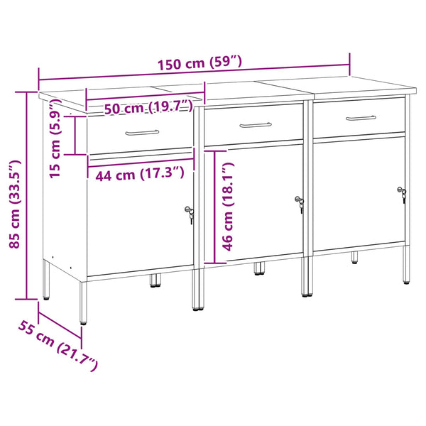 vidaXL Workbench with Drawers 3 pcs Red and Gray 150 x 55 x 85 cm