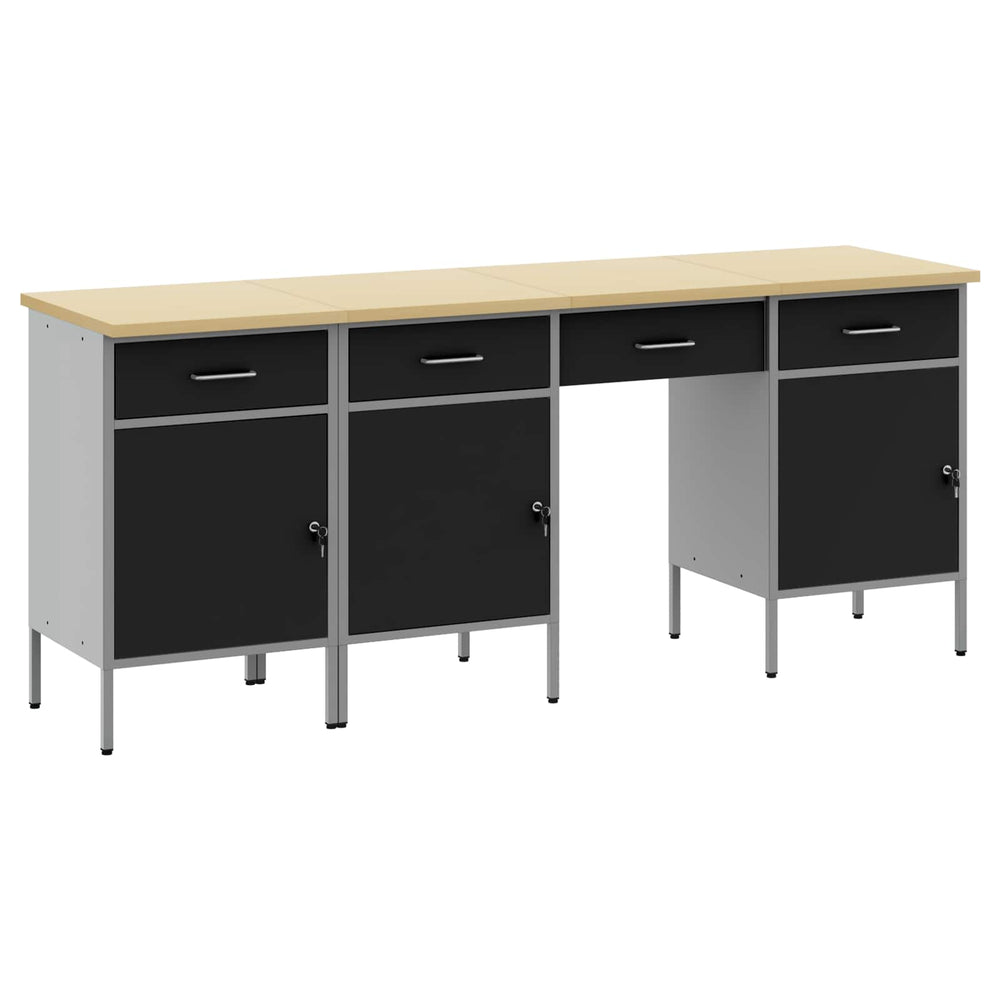 Werkbank mit Schubladen, Schwarz, Holz und Stahl