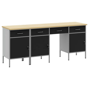 Werkbank mit Schubladen, Schwarz, Holz und Stahl