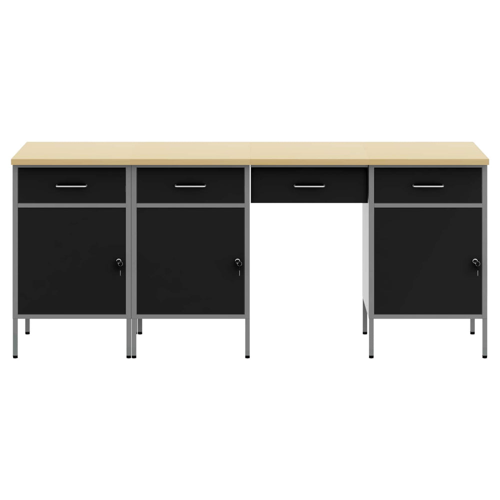 Werkbank mit Schubladen, Schwarz, Holz und Stahl