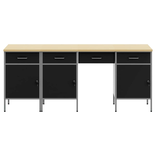 Werkbank mit Schubladen, Schwarz, Holz und Stahl