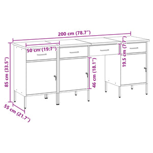 Werkbank mit Schubladen, Schwarz, Holz und Stahl
