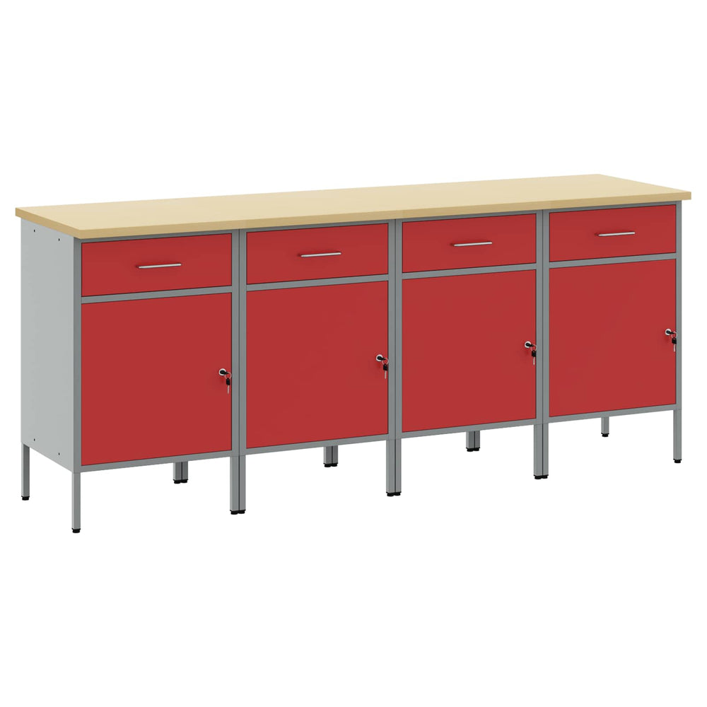 Werkbank mit Schubladen, Rot & Grau, 200 cm