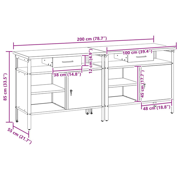 Werkbank Set mit Schubladen, Rot/Grau, 200cm
