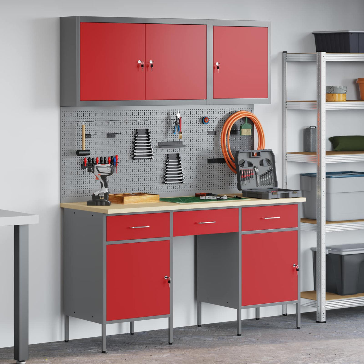 Werkbank mit Schubladen, 10-teilig, Rot