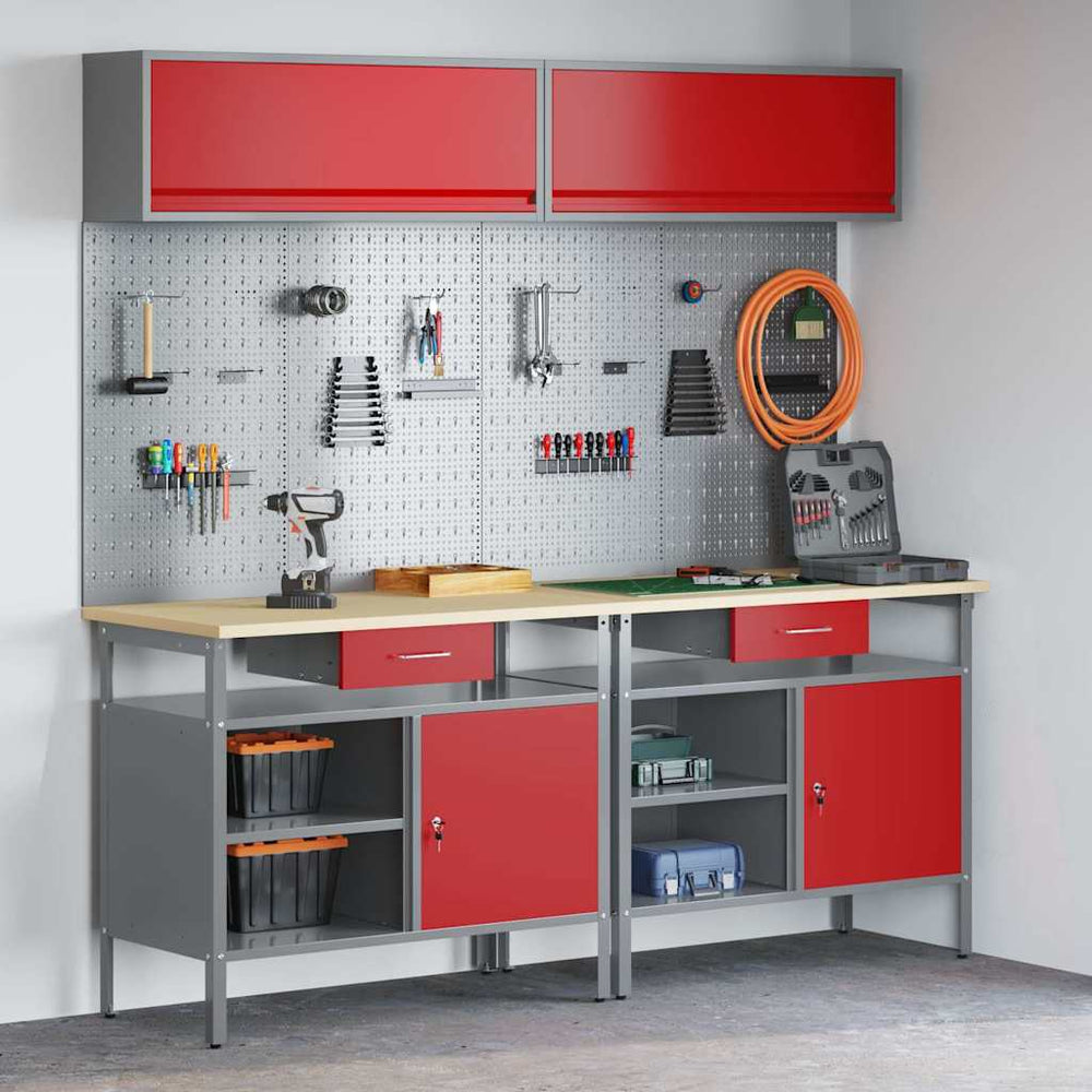 Werkbank Set 8-teilig Stahl Rot/Grau