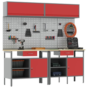 Werkbank Set 8-teilig Stahl Rot/Grau