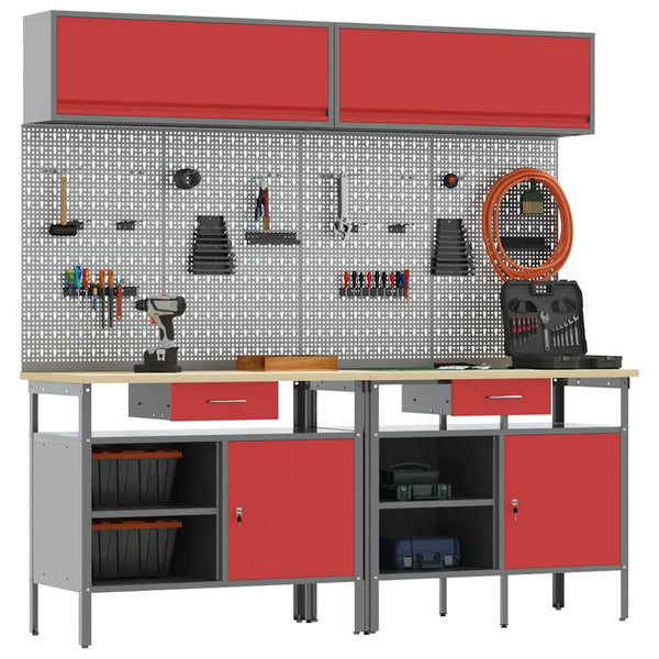 Werkbank Set 8-teilig Stahl Rot/Grau
