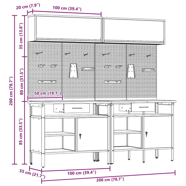 Werkbank Set 8-teilig Stahl Rot/Grau