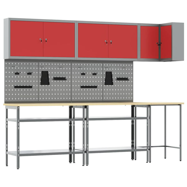 Werkstattschrank Set mit Regal, 10-teilig, Rot & Grau
