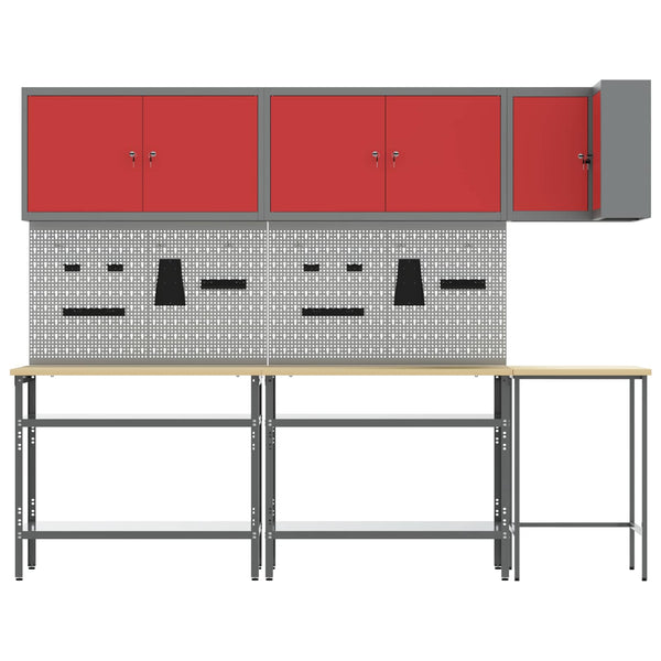 Werkstattschrank Set mit Regal, 10-teilig, Rot & Grau