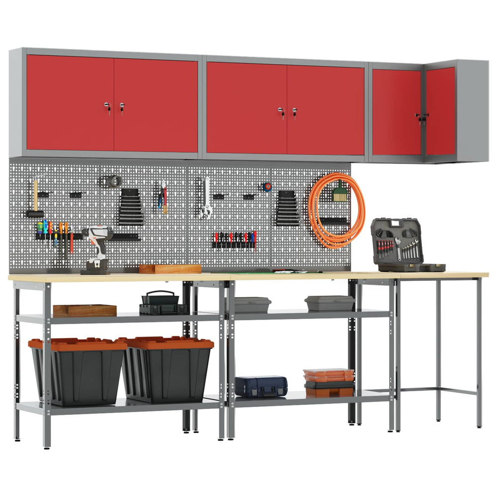 Werkstattschrank Set mit Regal, 10-teilig, Rot & Grau
