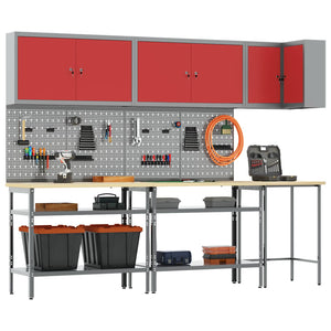 Werkstattschrank Set mit Regal, 10-teilig, Rot & Grau