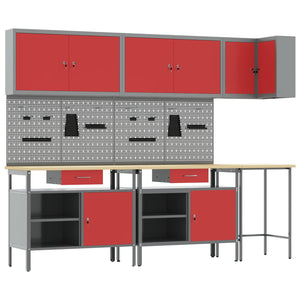 Werkbank Set mit Schubladen, 10-teilig, Rot/Grau