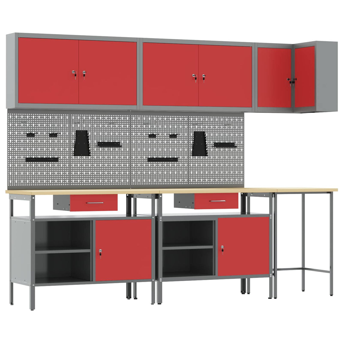 Werkbank Set mit Schubladen, 10-teilig, Rot/Grau