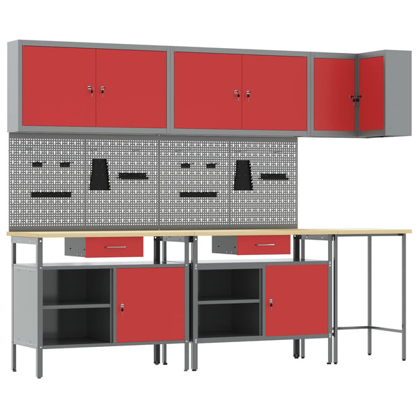 Werkbank Set mit Schubladen, 10-teilig, Rot/Grau