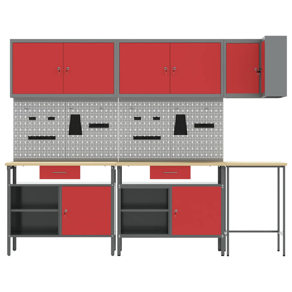 Werkbank Set mit Schubladen, 10-teilig, Rot/Grau