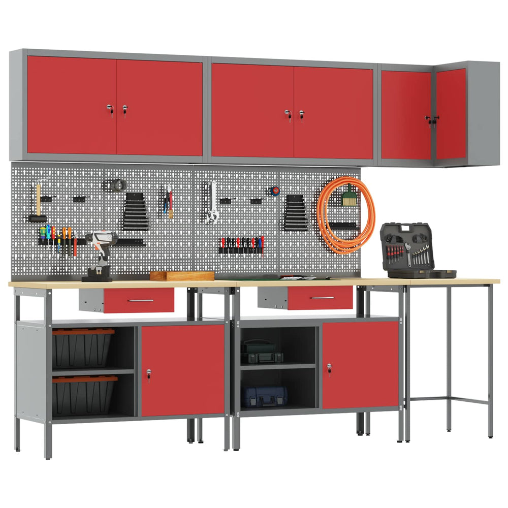 Werkbank Set mit Schubladen, 10-teilig, Rot/Grau