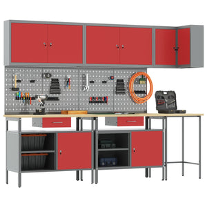 Werkbank Set mit Schubladen, 10-teilig, Rot/Grau